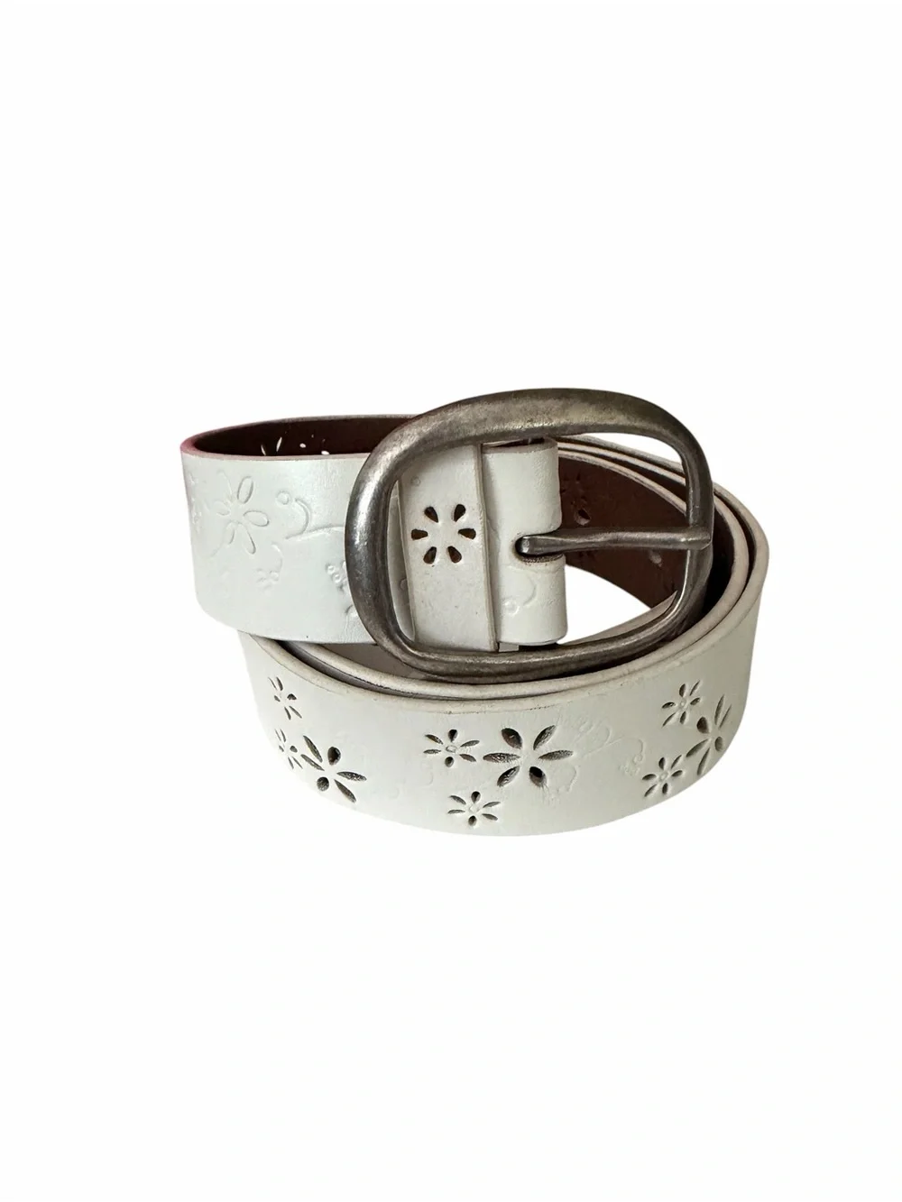 White Boho Floral Cutout Leather Belt Antique Silver Buckle Women's Medium
